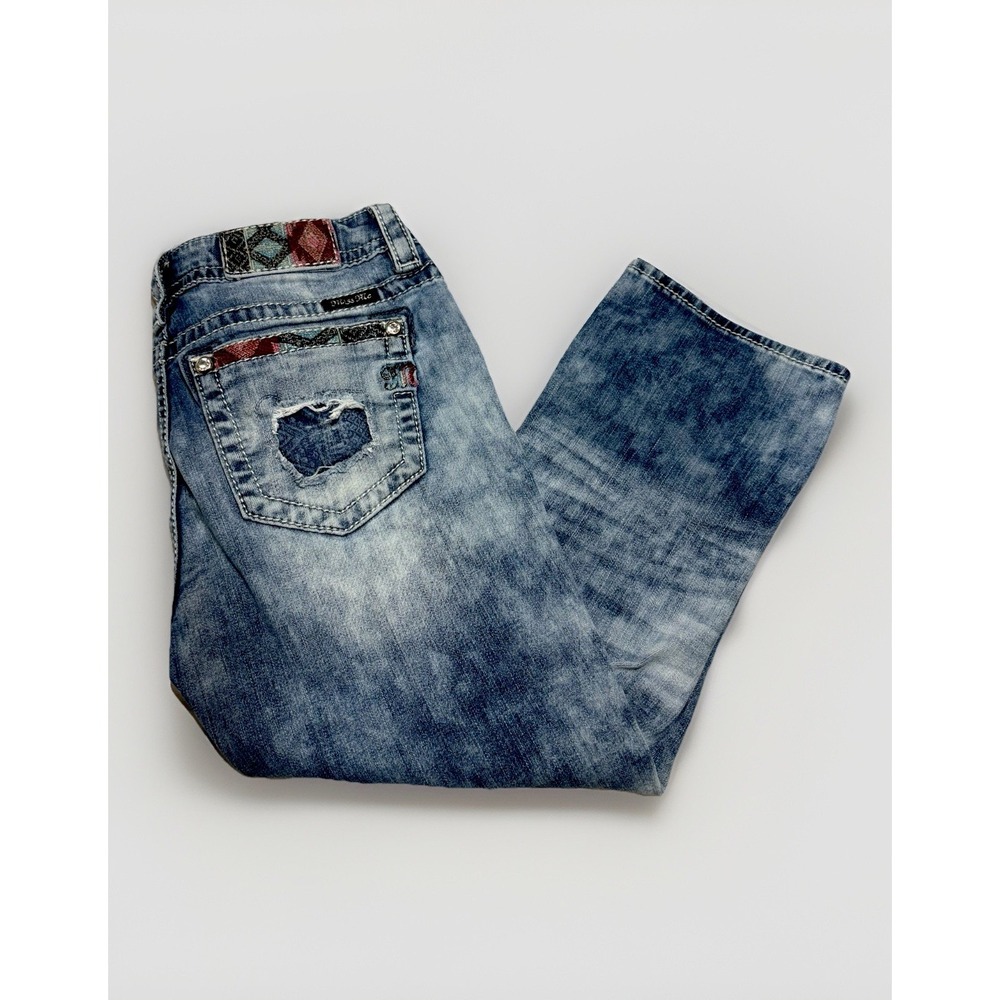 Miss Me Cuffed Capri Jeans Size 29 Distressed Aztec Patchwork Boho Festival